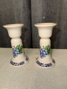 Vintage Pfaltzgraff Sunbury Grove Candle Sticks Set of 2 Blue and White